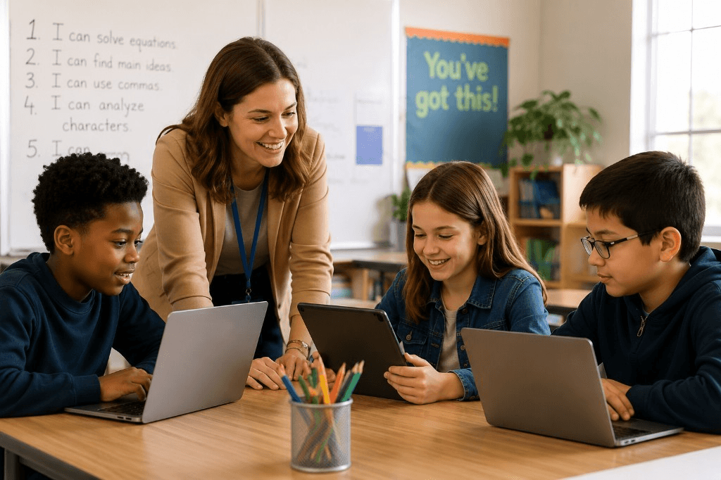 Teacher teaching students with learning materials