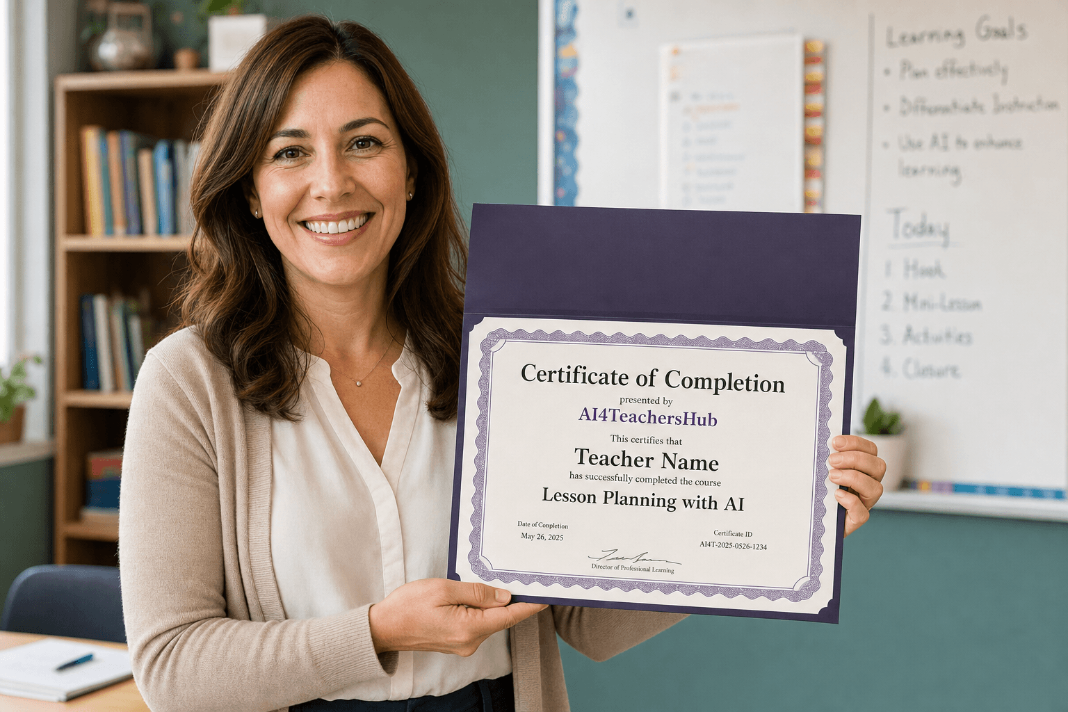 AI4TeachersHub teacher holding a Certificate of Completion in a classroom.