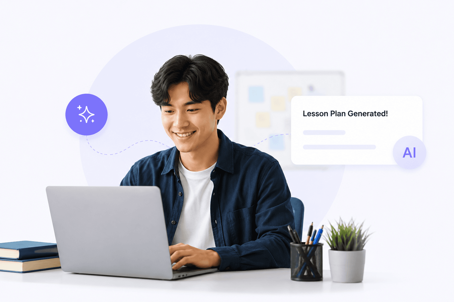 A teacher working on a laptop with an AI lesson-plan workflow nearby